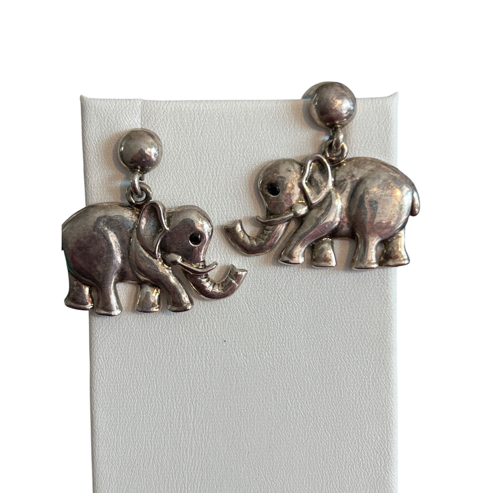 Other Vintage Silver Tone Elephant Dangle Earrings Black Rhineston Size ONE SIZE - 1 Thumbnail