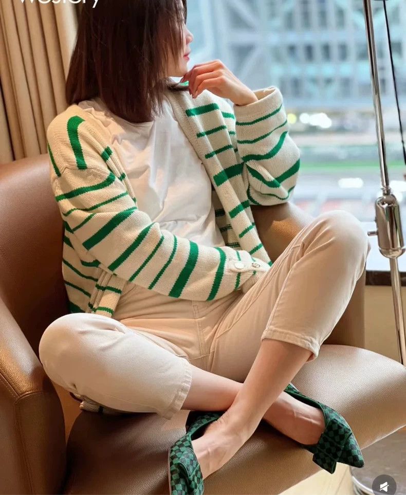 LOEWE Green Striped Cashmere Cardigan XXS Size