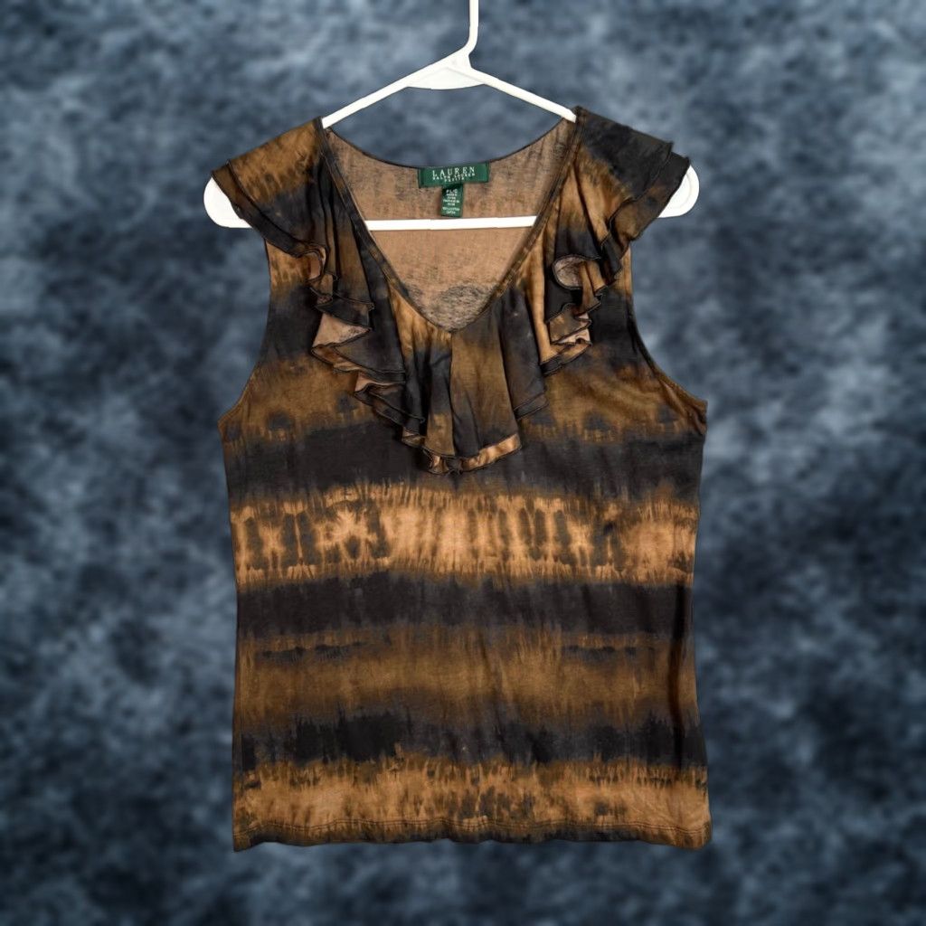 Ralph Lauren VINTAGE Lauren Ralph Lauren Blouse Sleeveless Top Tie-Dye V-Neck Brown Petite Large Women Size L / US 10 / IT 46 - 1 Thumbnail