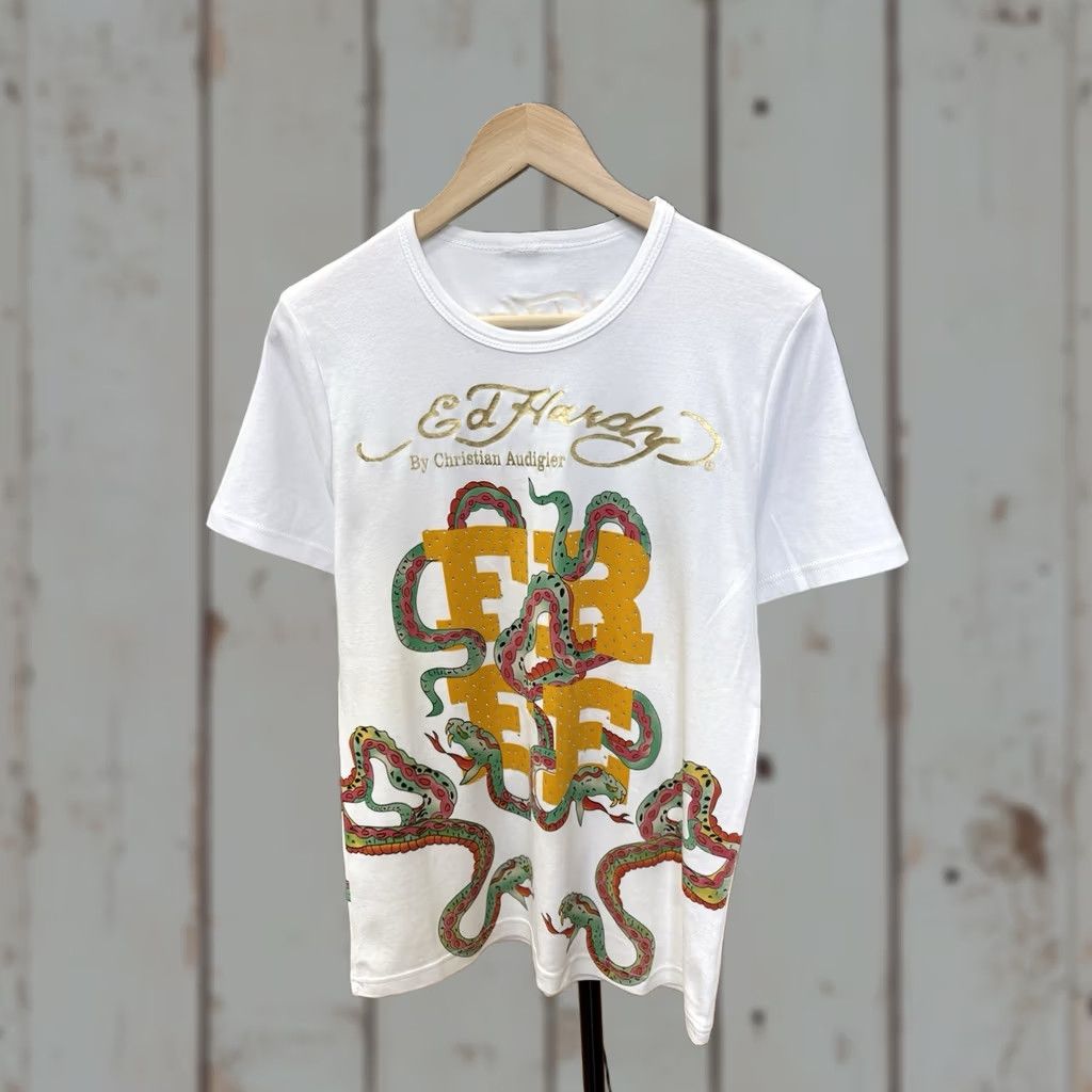 Ed Hardy VINTAGE Ed Hardy Snake Rhinestone T-Shirt Mens M White US Made AKA Christian Audigier Tee Size US M / EU 48-50 / 2 - 1 Thumbnail