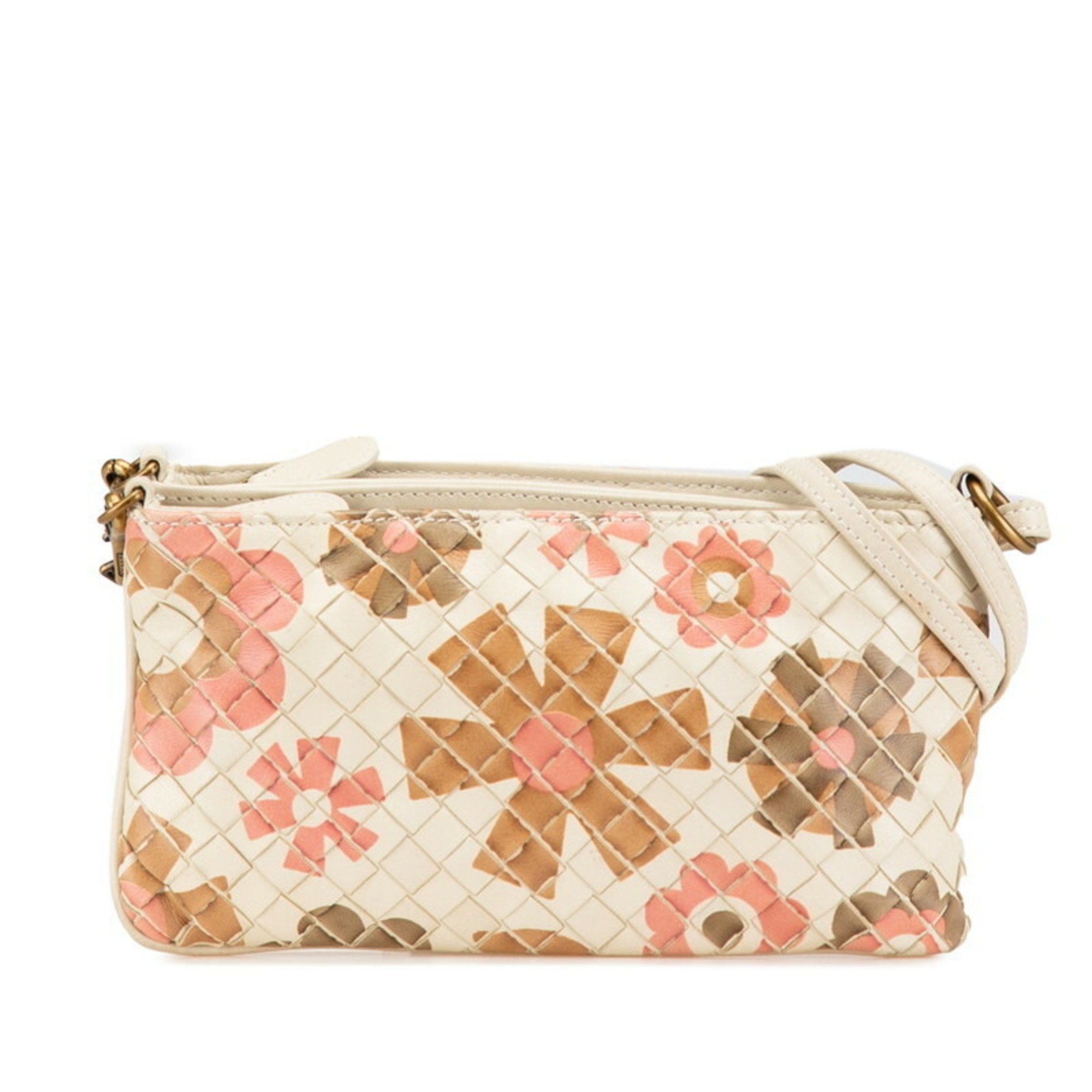 Bottega Veneta Intrecciato Flower Motif Shoulder Bag White Beige Pink Leather Women's Bottegaveneta