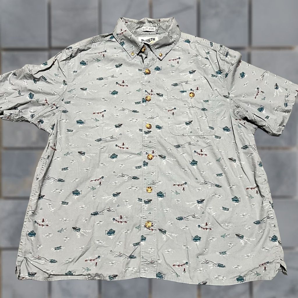 Duluth Trading Company DULUTH Shirt Men Large Gray Blue Fishing Boat All Over Print BBQ Short Sleeve Size US L / EU 52-54 / 3 - 1 Thumbnail