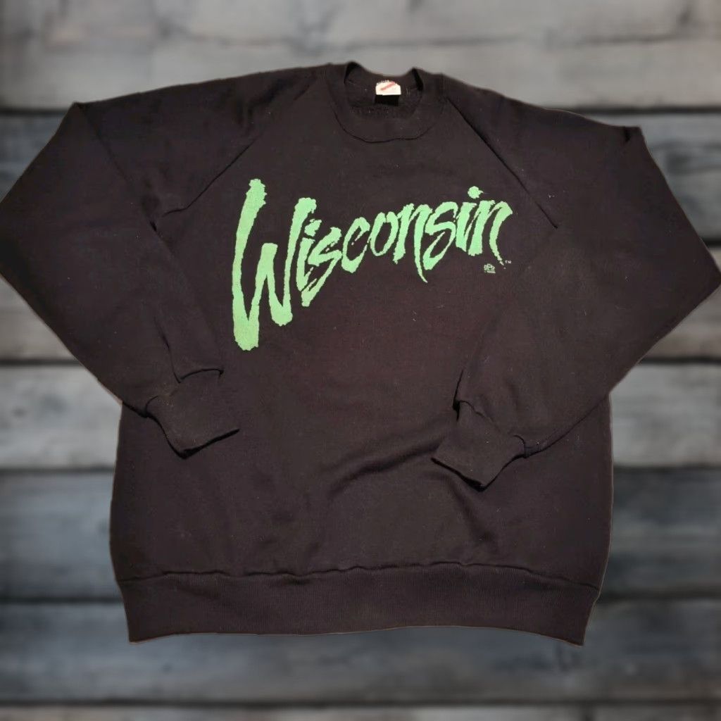 Jerzees VINTAGE 90's WISCONSIN Sweatshirt Made In USA Puff Neon Green Print L Jerzees Size US L / EU 52-54 / 3 - 1 Thumbnail