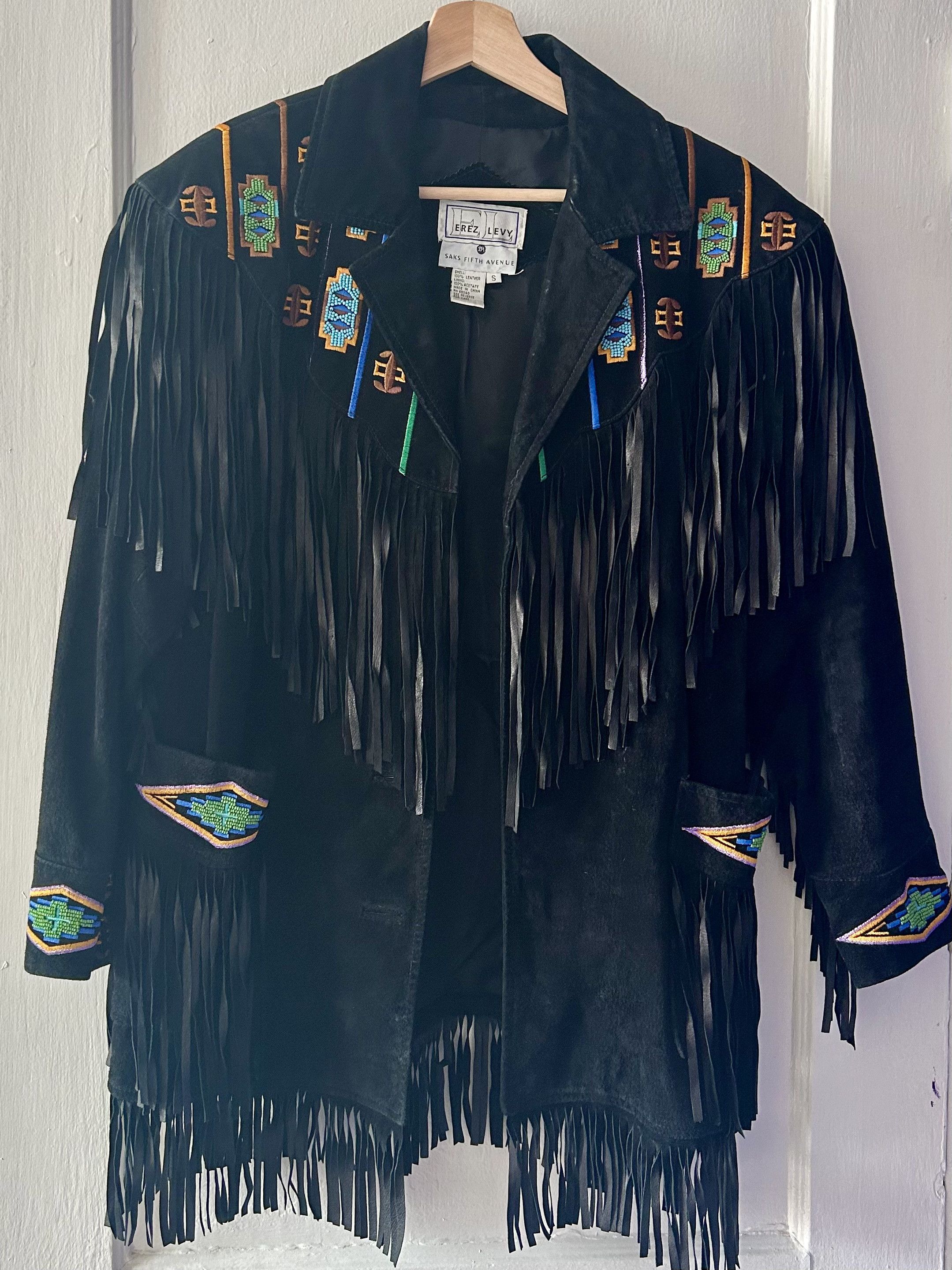 image of Vintage Erez Levy Black Western Tasselled Fringe Suede Jacket, Women's (Size Small)