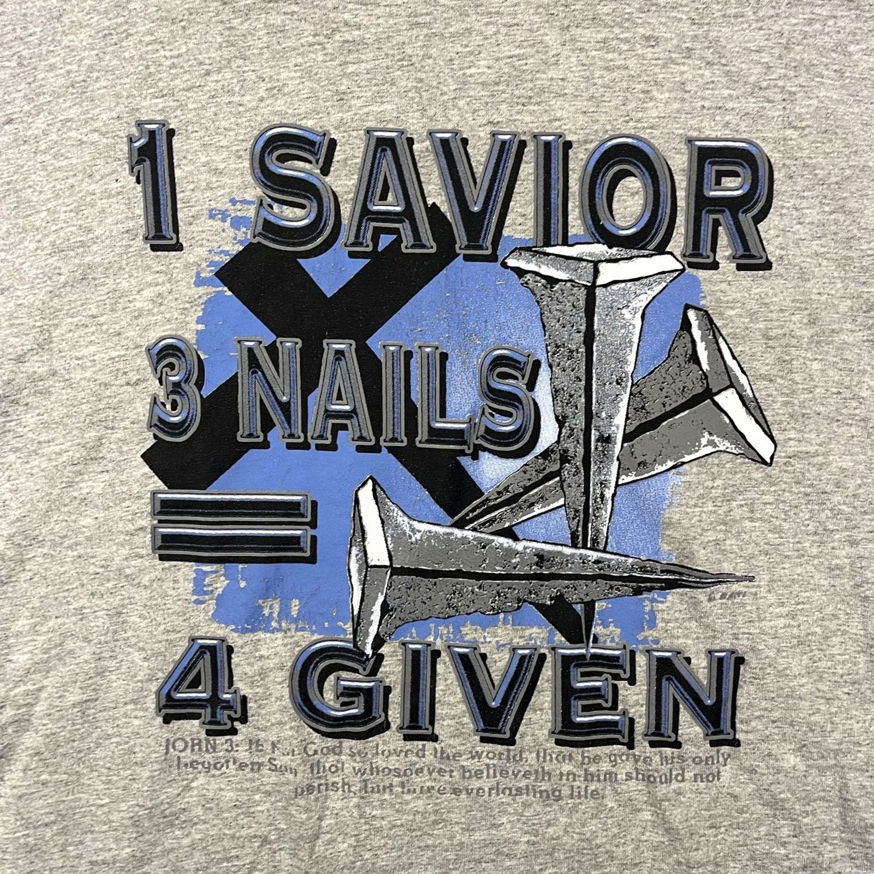 Fruit Of The Loom VINTAGE Fruit of the Loom Shirt Mens 2XL Gray Short Sleeve Crew Neck Jesus 3 Nails 4 Given Christian Faith 90s John 3:16 T-Shirt Size US XXL / EU 58 / 5 - 7 Thumbnail