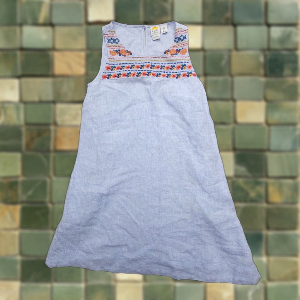 Vintage C&C California Dress Women S Blue Floral Linen Embroidered Knee Length Bohemian Beach Size S / US 4 / IT 40 - 1 Thumbnail