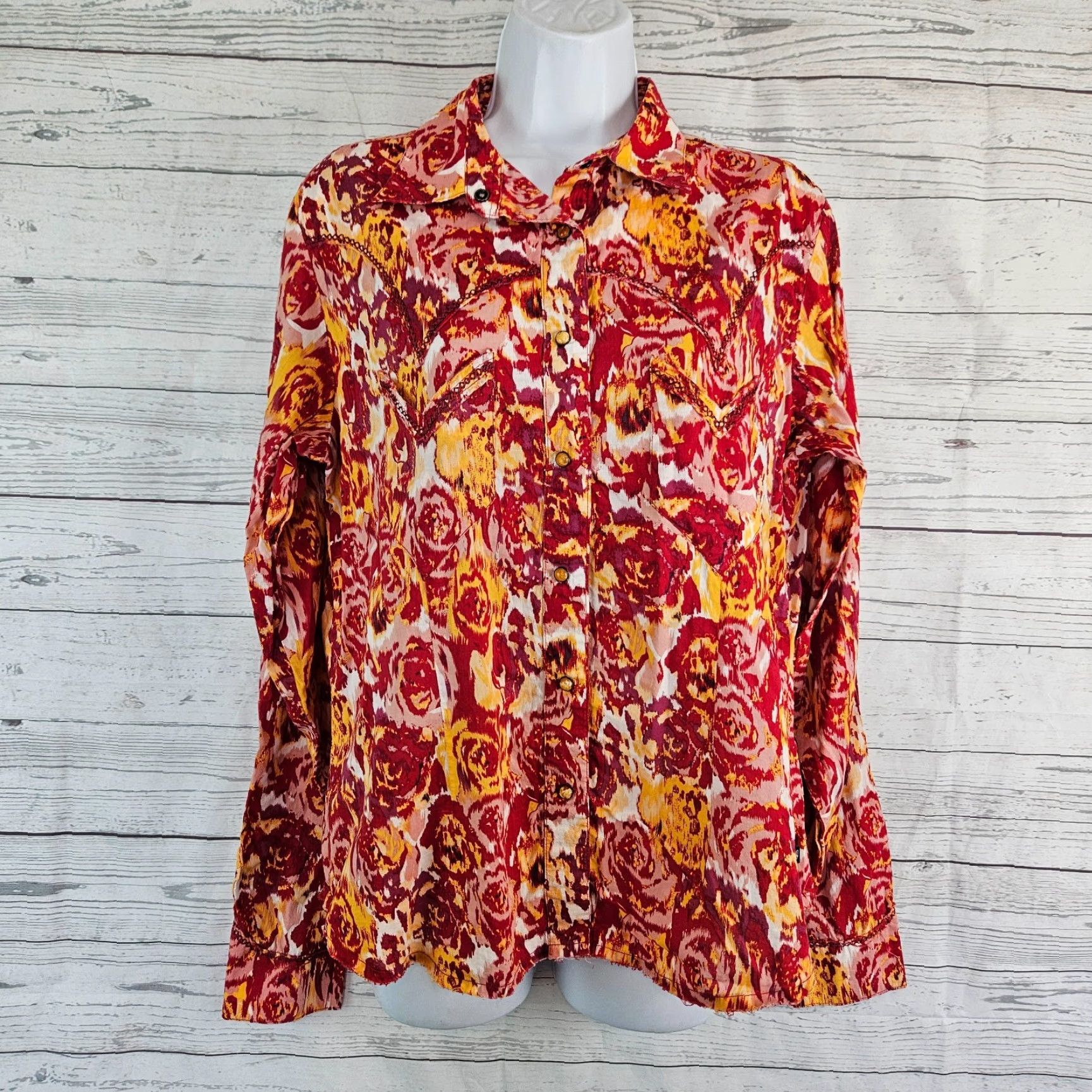 Vintage Cruel Girl Womens Pearl Snap Shirt Sz Large Red Yellow Long Sleeve Shirt Size L / US 10 / IT 46 - 2 Thumbnail
