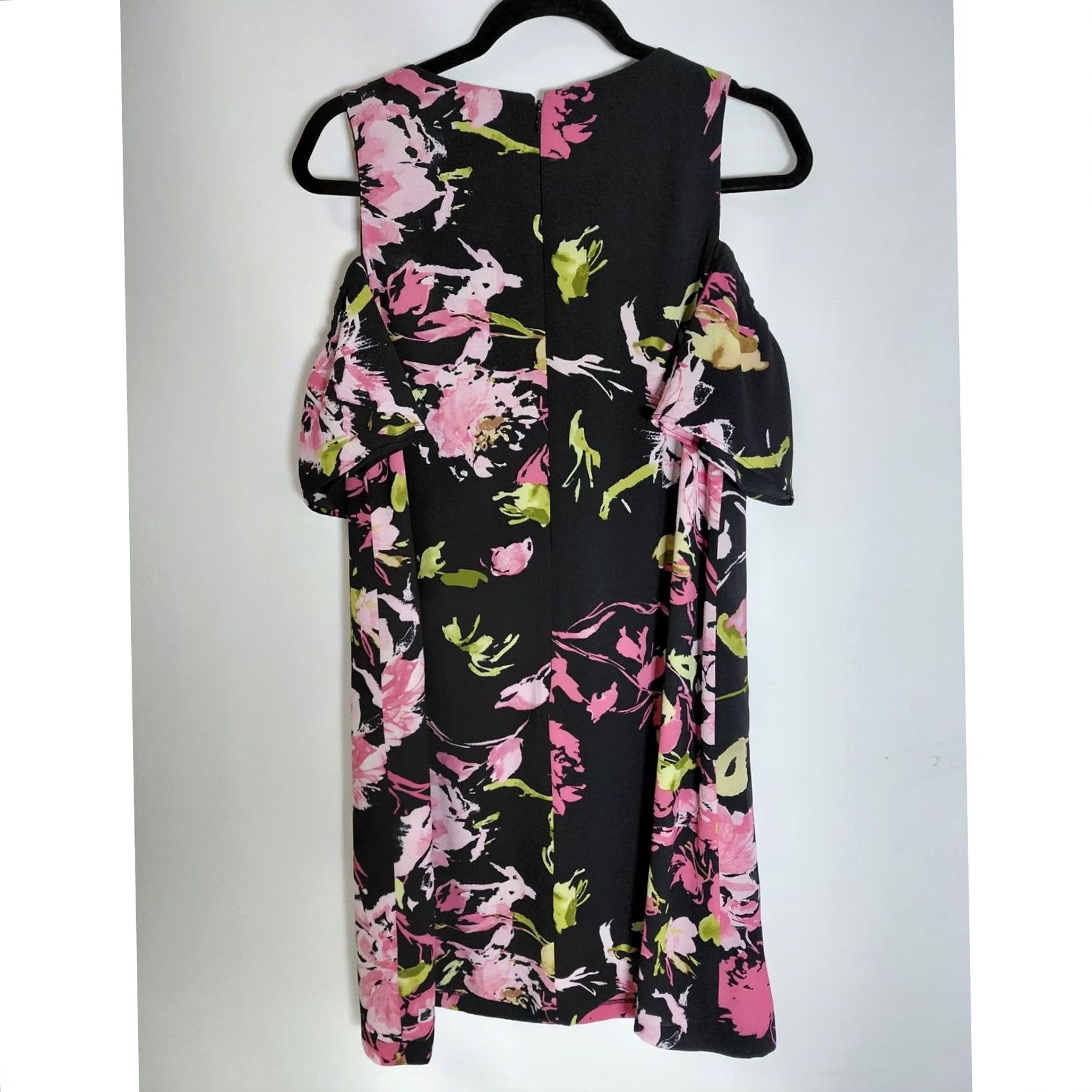 Madison TAHARI-LEVINE STUDIO Floral Cold Shoulder Dress Knee Length Size 10 Black Knit A-Line Short Sleeve Crew Neck Lined Polyester VINTAGE No Women"} Size L / US 10 / IT 46 - 2 Thumbnail