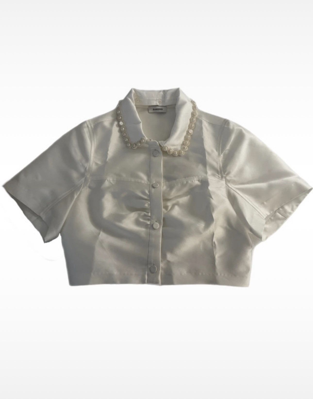 Sandro White Cropped Satin Top with Pearl Collar Size S / US 4 / IT 40 - 1 Thumbnail