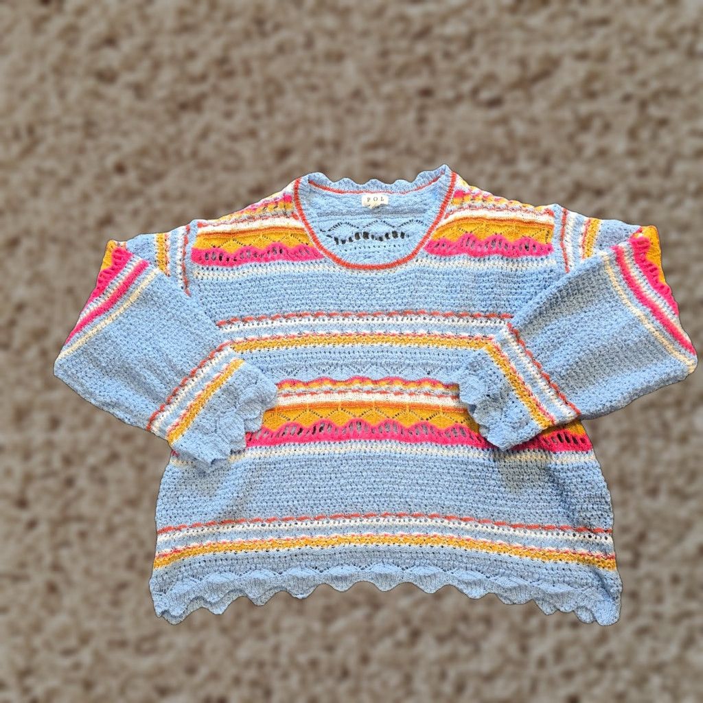 Vintage POL Sweater Womens Size Medium Blue Striped Open Knit Whimsy Casual Pullover Knit Long Sleeve Round Neck Winter Fall Womens Size M / US 6-8 / IT 42-44 - 1 Thumbnail