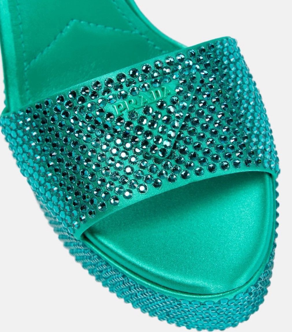 Prada $2.2K VALUE satin platform sandals with crystals greenn Size US 7.5 / IT 37.5 - 4 Thumbnail