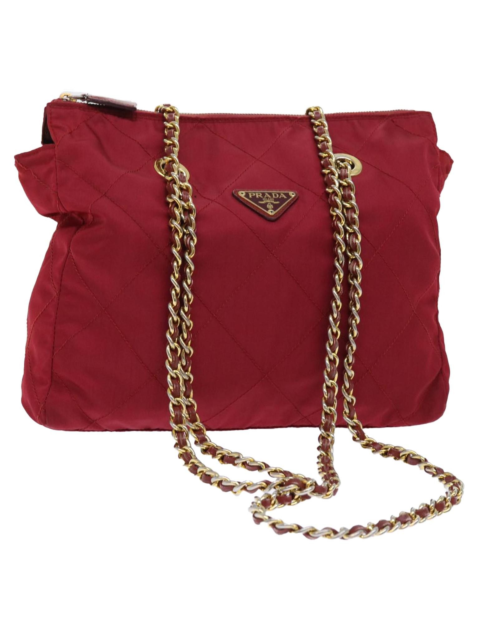 image of Prada Quilted Red Nylon Shoulder Bag With Chain Strap, Women's