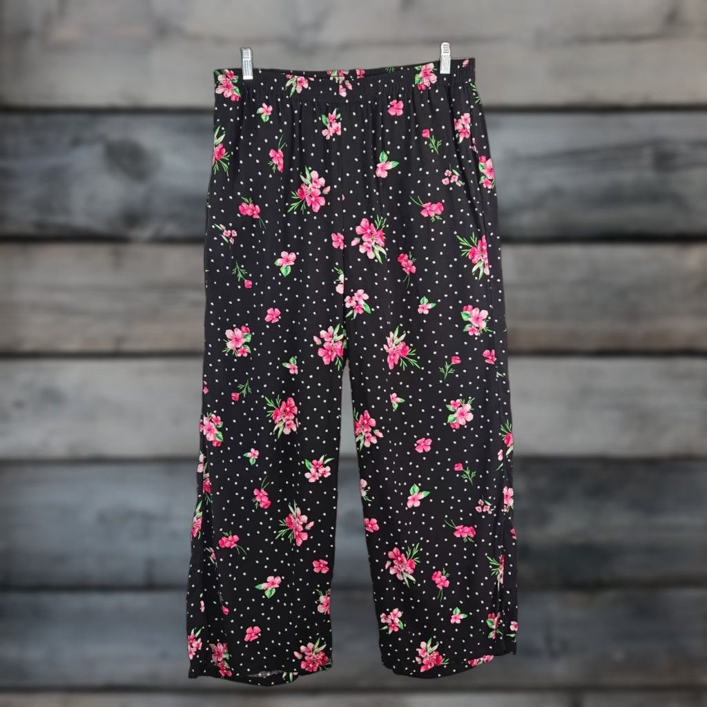 Vintage Woman Within Womens Pants 18W Black Pink Floral Rayon Pull On Pants Womens Trousers Plus Size 18W Size 40" / US 18 - 1 Thumbnail