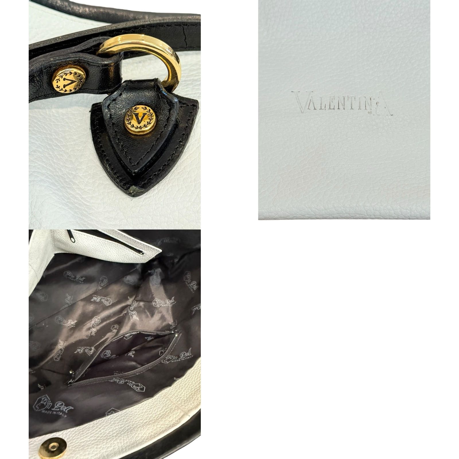 Vintage VALENTINA Crossbody Bag White Genuine Leather Handmade In Italy Black Trim Tote Womens Medium White/Pebbled Leather, Gold Hardware, Magnetic Closure Size ONE SIZE - 9 Thumbnail