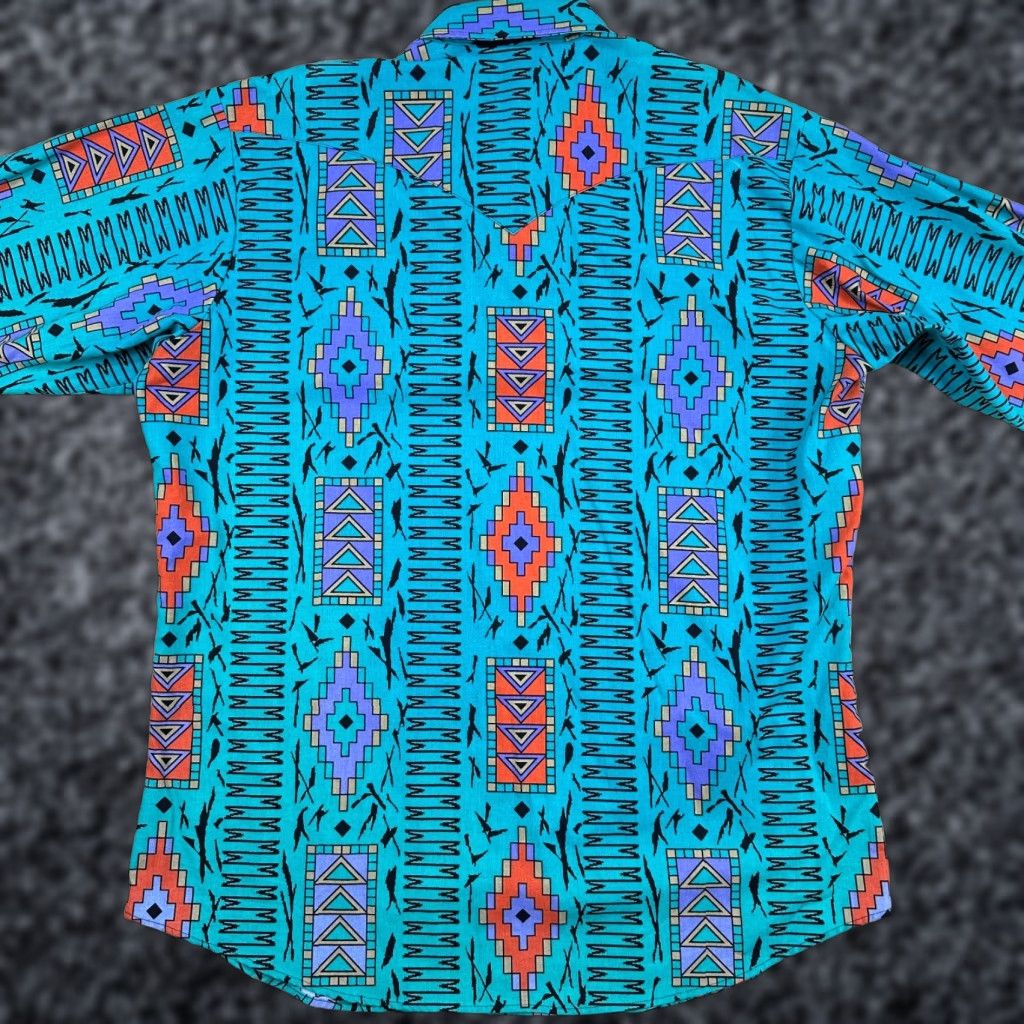 VINTAGE Cowboys Only Shirt Mens XL Blue Aztec AOP Bacca Sportswear Made in USA