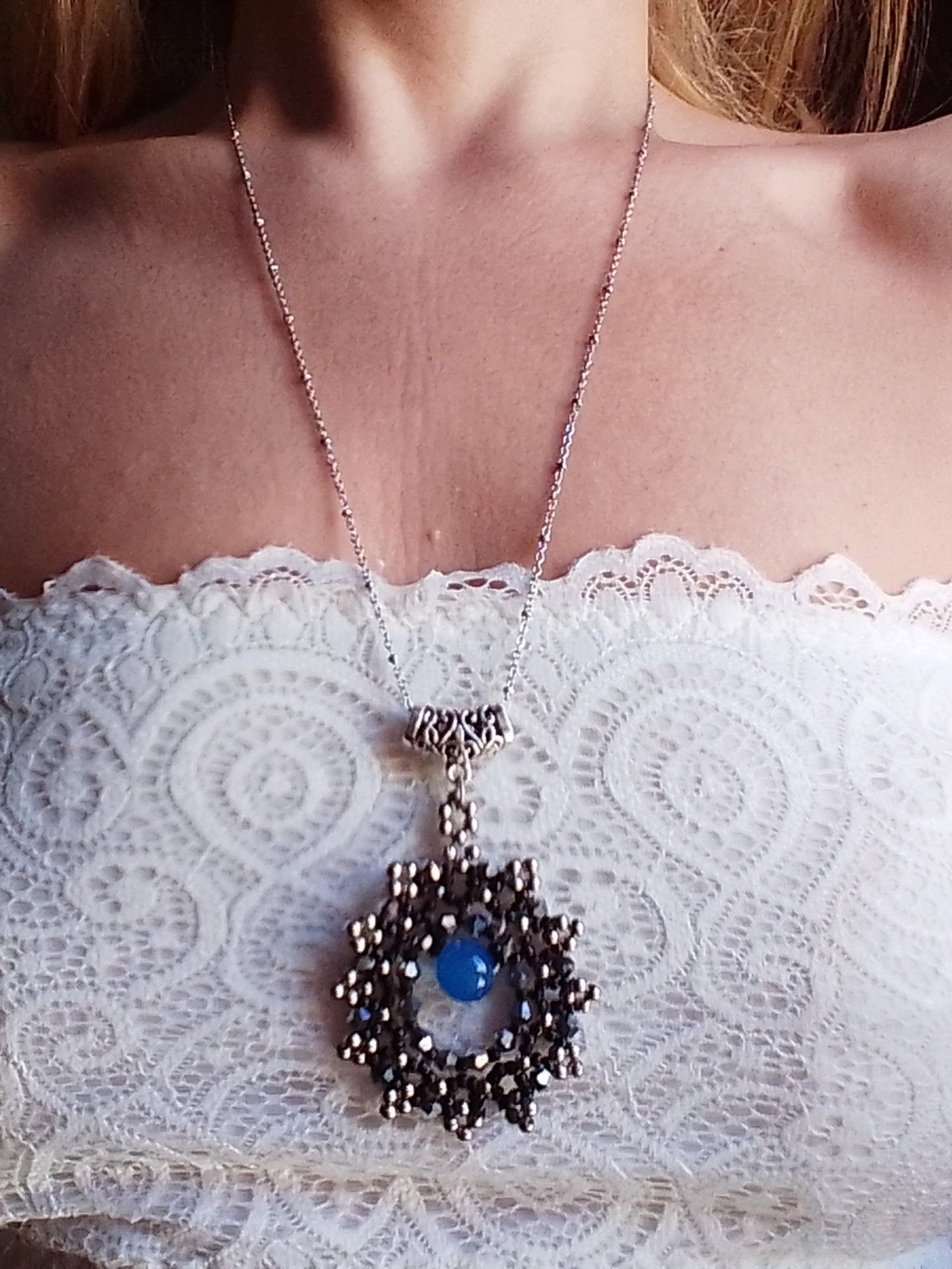 Handmade Long Necklace Rhodium plated. Blue Agate gemstone pendant Size ONE SIZE - 4 Thumbnail