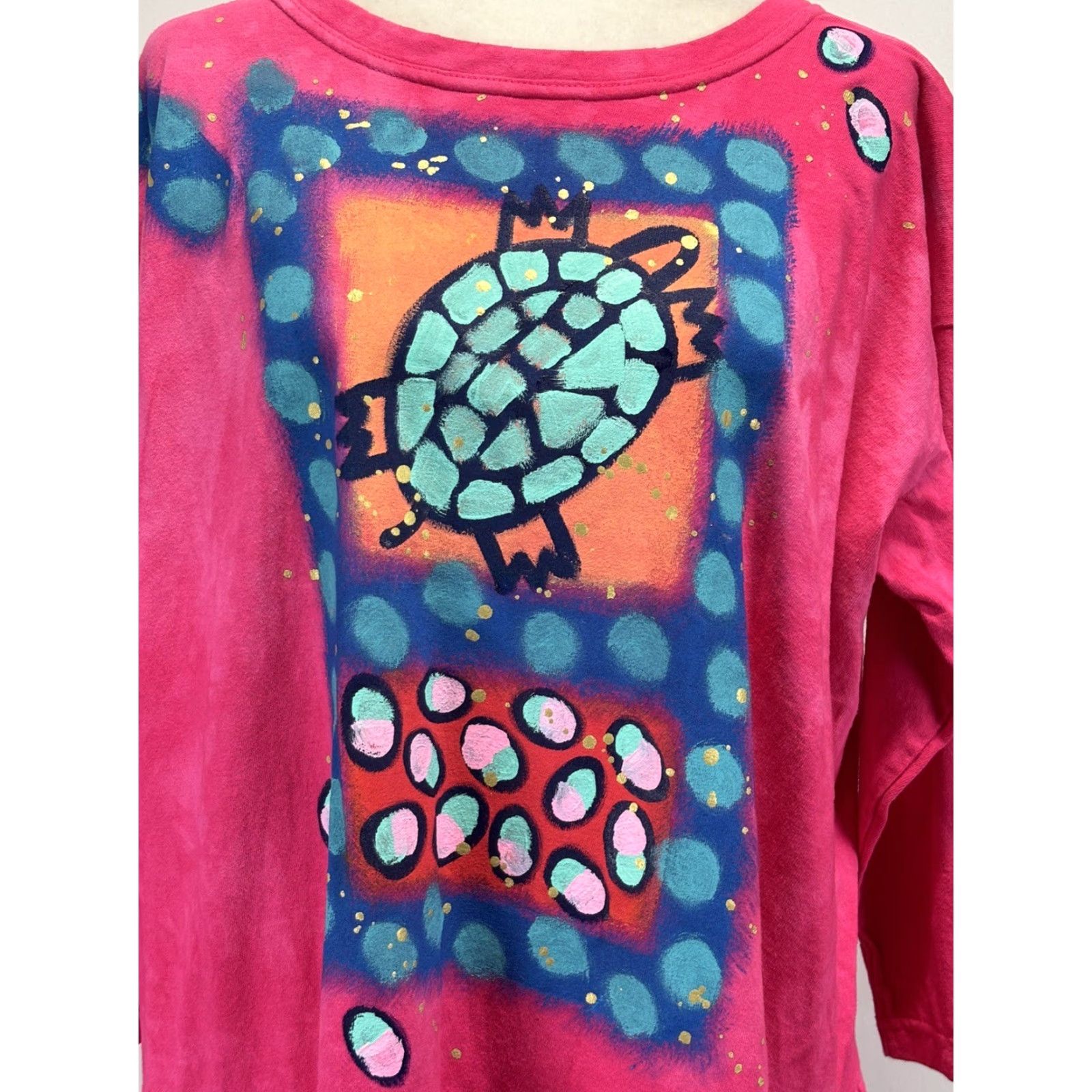 Pinko Vtg Kidra Art wear Dress XL Painted Turtle Made USA Pockets Cotton Midi Pink Size XL / US 12-14 / IT 48-50 - 6 Thumbnail