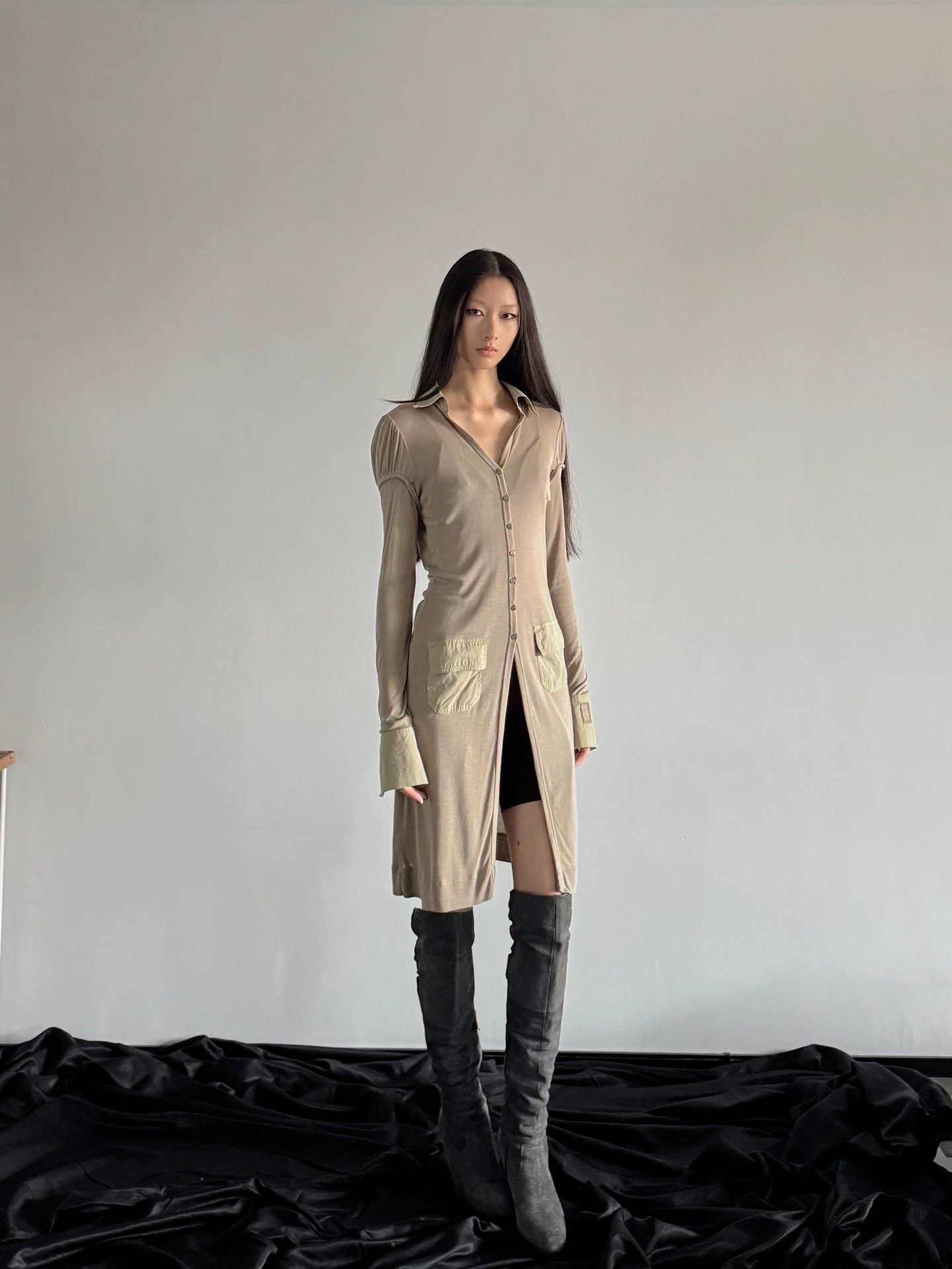 Vintage French Brand Stretch Drape Slim Long Shirt Jacket Size XS / US 0-2 / IT 36-38 - 3 Thumbnail