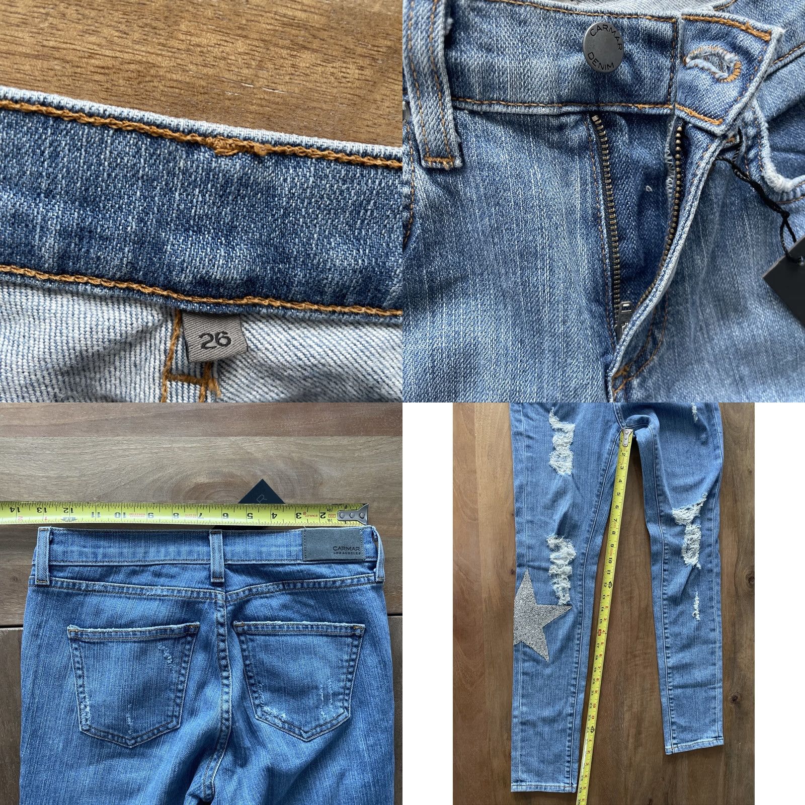 Vintage Carmar Jeans Women 26x29 Distressed Rhinestone Star Blue Denim Stretch Slim Skinny Straight USA Size 26" / US 2 / IT 38 - 8 Thumbnail