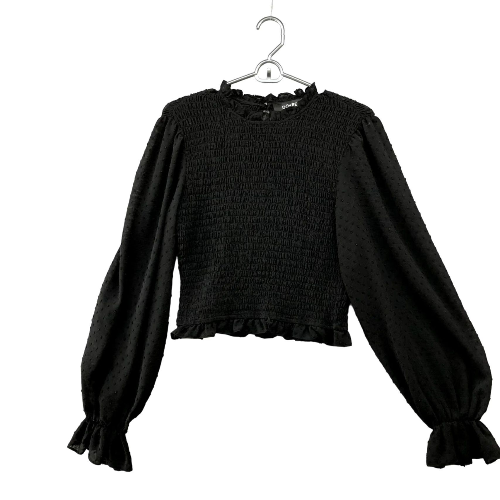 Vintage DO+BE Smocked Chiffon Top Womens M Black Balloon Sleeve Swiss Dot Shirt Blouse Crew Neck Casual Long Sleeve Pattern: Solid) Size M / US 6-8 / IT 42-44 - 2 Thumbnail
