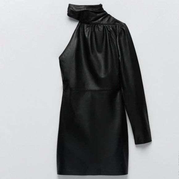 Zara ZARA 100% LEATHER BLACK ASYMMETRIC DRESS Size S / US 4 / IT 40 - 2 Thumbnail