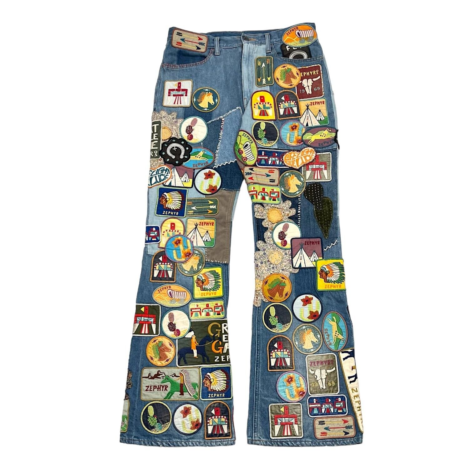 image of Kapital Crazy Patch Flared Applique Jeans Indigo, Men's (Size 34)