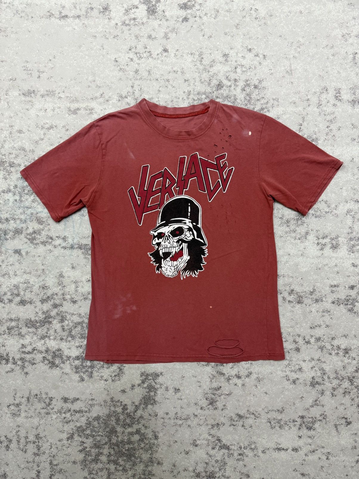 Versace Slayer Slay Her parody Tshirt distressed with hole