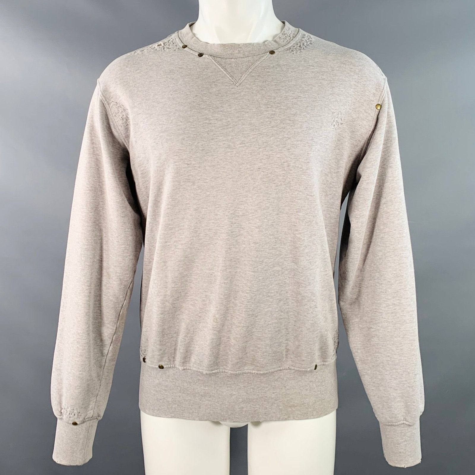 Yves Saint Laurent Size M Heather Grey Cotton Distressed Studded Sweatshirt Size US M / EU 48-50 / 2 - 1 Thumbnail