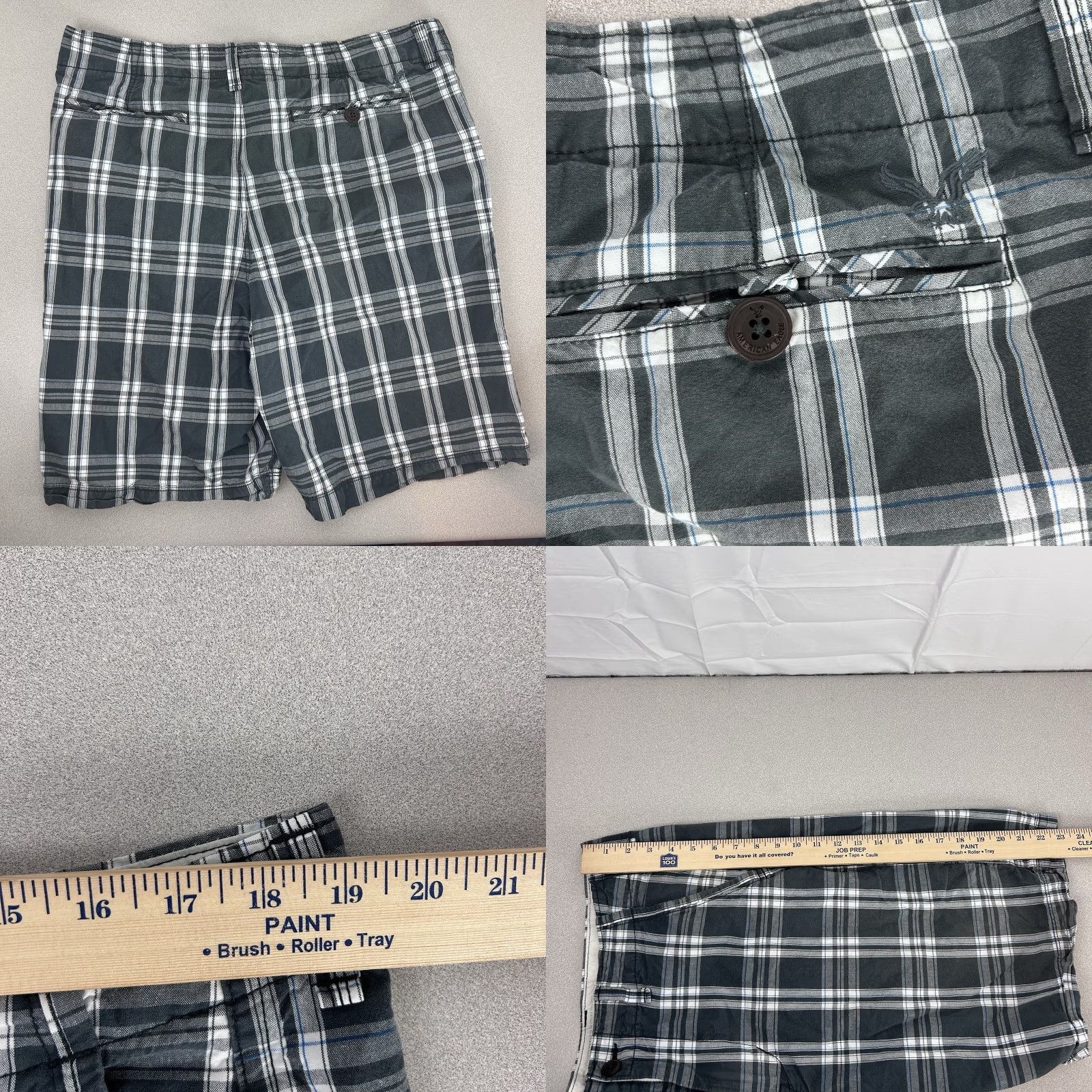Vintage AMERICAN EAGLE Shorts Mens 36 Cotton Plaid Blue Gray 10.5” Inseam Longer Length Chino Casual Preppy Size US 36 / EU 52 - 8 Thumbnail