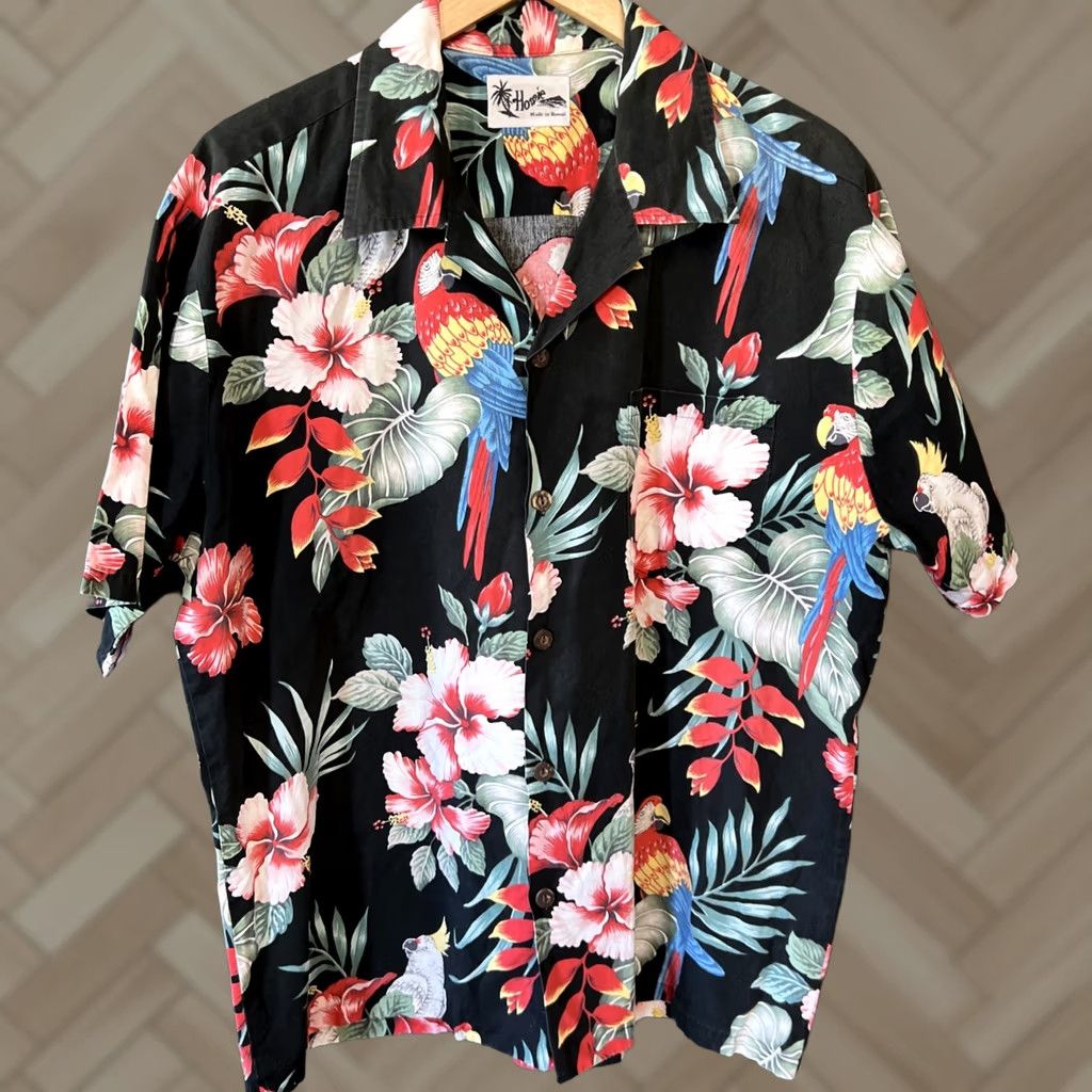 J Brand Howie Shirt Short Sleeve Button-Up Made in Hawaii Black Hawaiian Macaw Floral Button-Down Collared XL Mens Size US XL / EU 56 / 4 - 1 Thumbnail