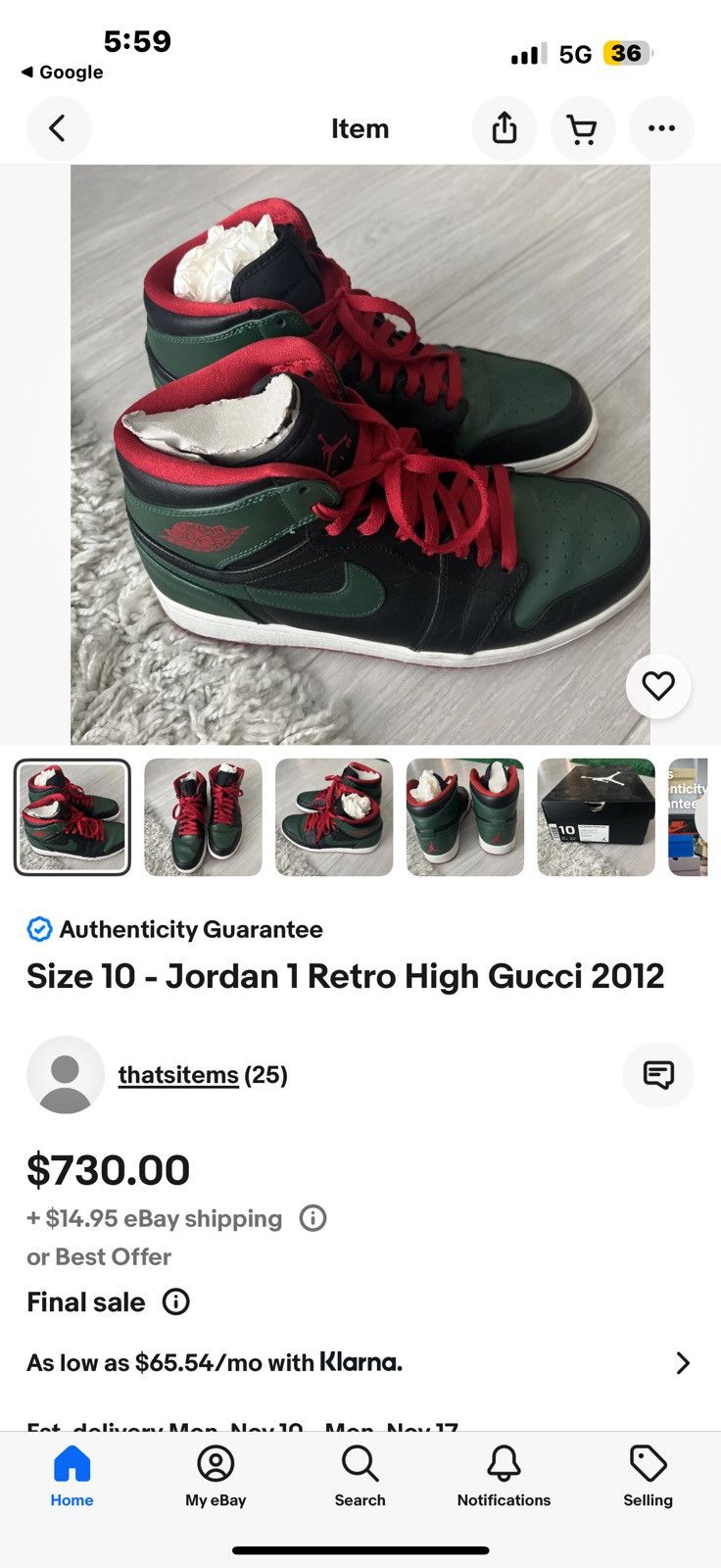 Jordan Brand Jordan 1 Retro OG Sz 12.5 Men’s 2012 Gucci ColorWay Edition Size US 12.5 / EU 45-46 - 13 Thumbnail