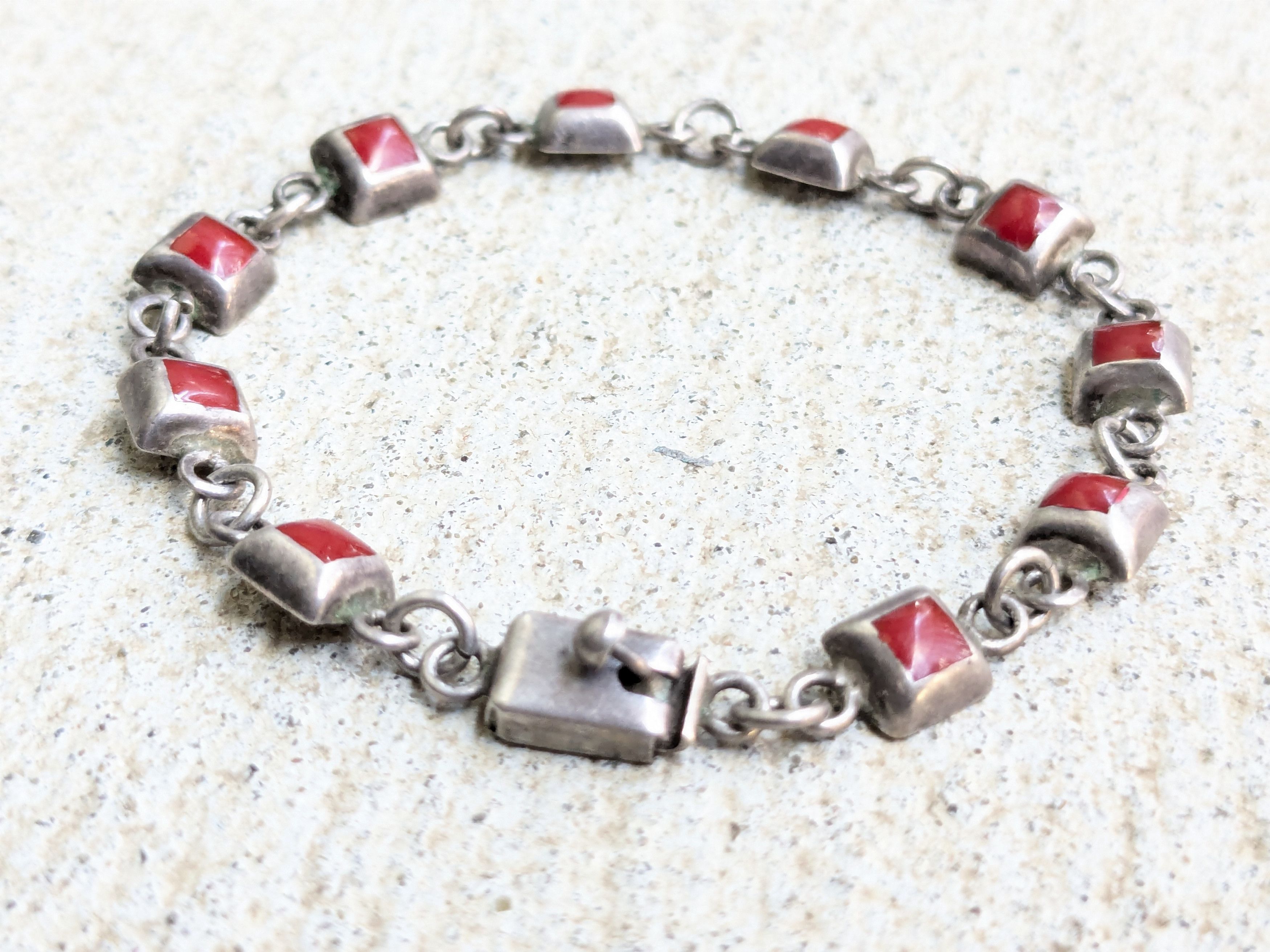 Jewelry Vintage Sterling Silver Bracelet Red Enamel Square Mexico Size ONE SIZE - 7 Thumbnail