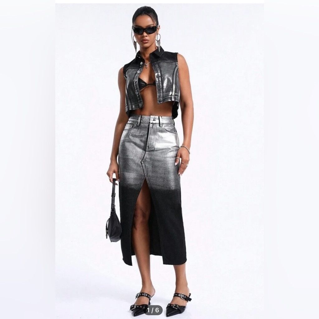 Other Cropped Denim Vest Jacket in Black & Silver Size (8/10) L Size M / US 6-8 / IT 42-44 - 5 Thumbnail