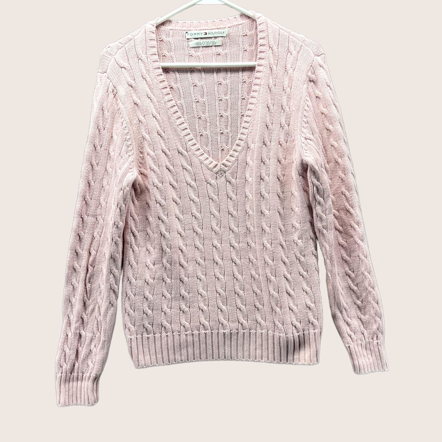 Tommy Hilfiger Tommy Hilfiger Sweater Womens Medium Pink Cable Knit V-Neck Pullover Cotton Size M / US 6-8 / IT 42-44 - 1 Thumbnail