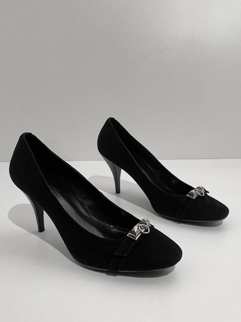 Hermes Hermes Collier Chien Black Suede Leather Silver Logo Heels Size US 7 / IT 37 - 2 Thumbnail