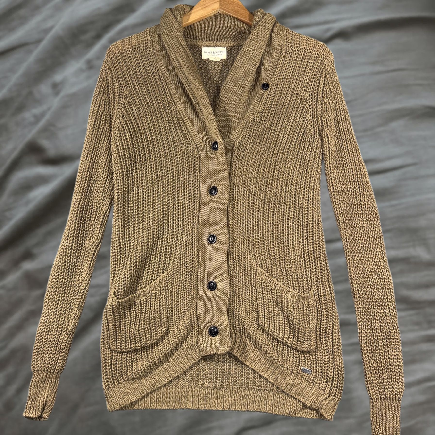 Vintage Denim & Supply Ralph Lauren Cardigan Sweater Womens XS Beige Linen Shawl Knit Open-Knit Front Pockets Buttons Casual Size XS / US 0-2 / IT 36-38 - 1 Thumbnail