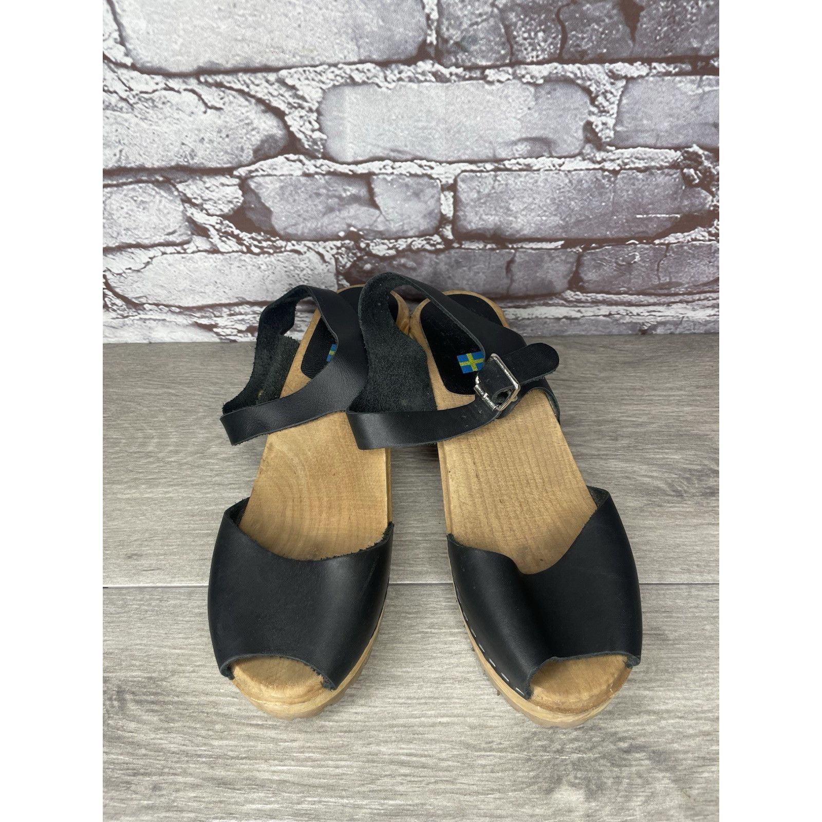 Swedish Hasbeens Swedish Hasbeens Black Leather Wooden Heel Peep Toe Ankle St Size US 7.5 / IT 37.5 - 3 Thumbnail