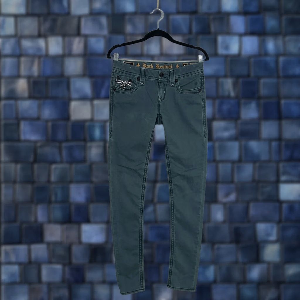Vintage Rock Revival Jeans Womens 26 Green Denim Karla Skinny Embroidered 90s Y2K Distressed Rhinestone Tailored Logo Pocket Leather Patch Bagged Size 26" / US 2 / IT 38 - 1 Thumbnail