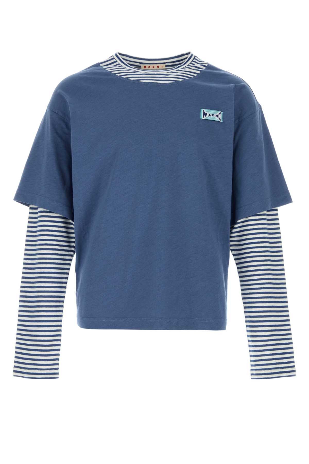 Marni Air Force Blue Linen Bend T-Shirt Size US M / EU 48-50 / 2 - 1 Thumbnail