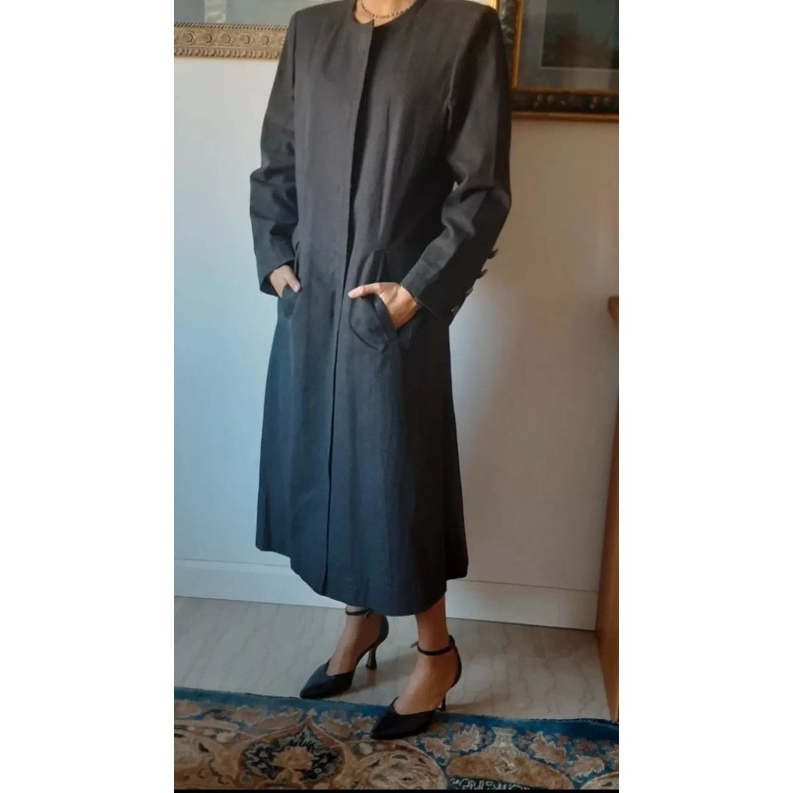Yves Saint Laurent 1980s Grey Cotton Elegant Mid-Season Maxi Coat Size L / US 10 / IT 46 - 2 Thumbnail