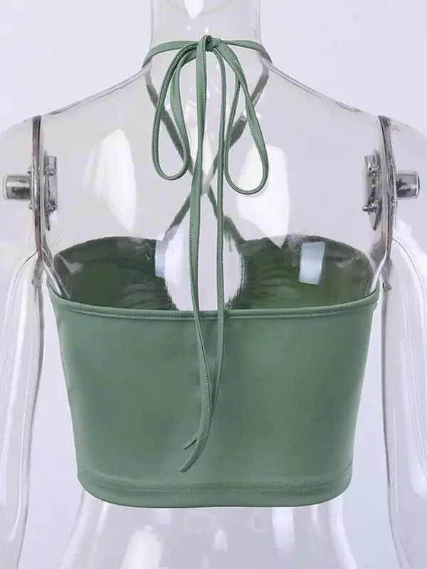Other Solid Lace Up Bow Halter Ruched Crop Top Size ONE SIZE - 3 Thumbnail