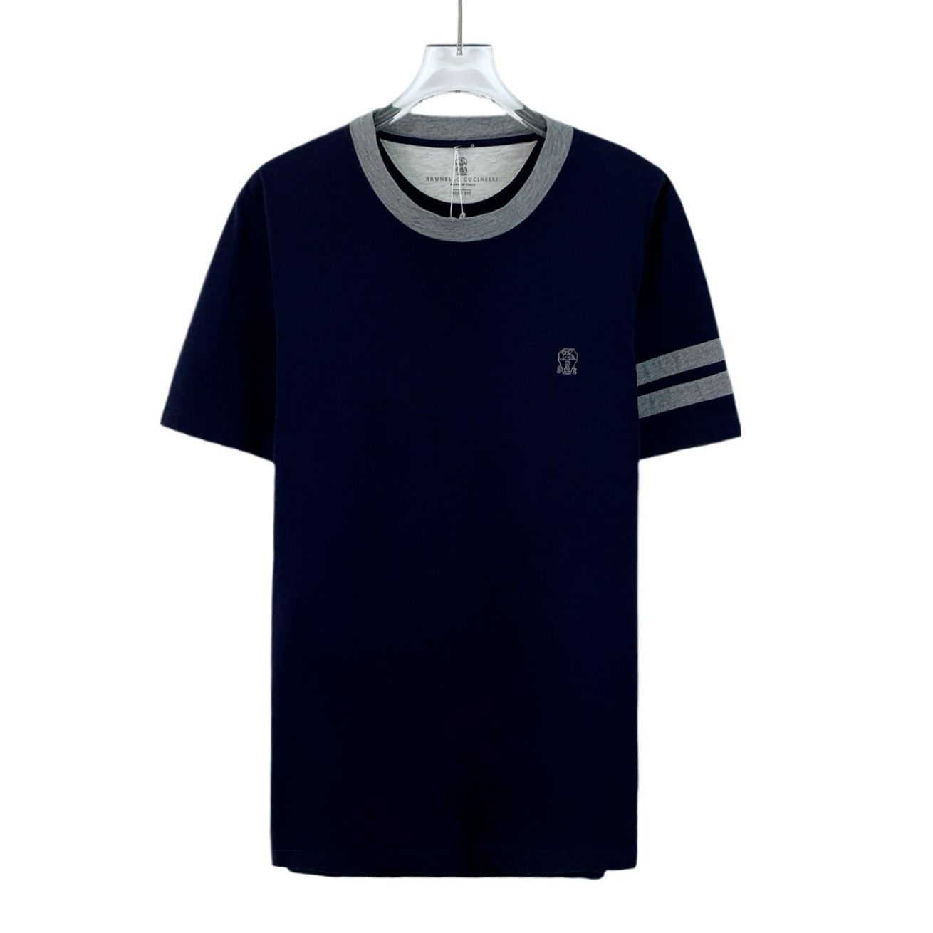 Brunello Cucinelli Navy Logo Embroidered Cotton Crewneck T-S
