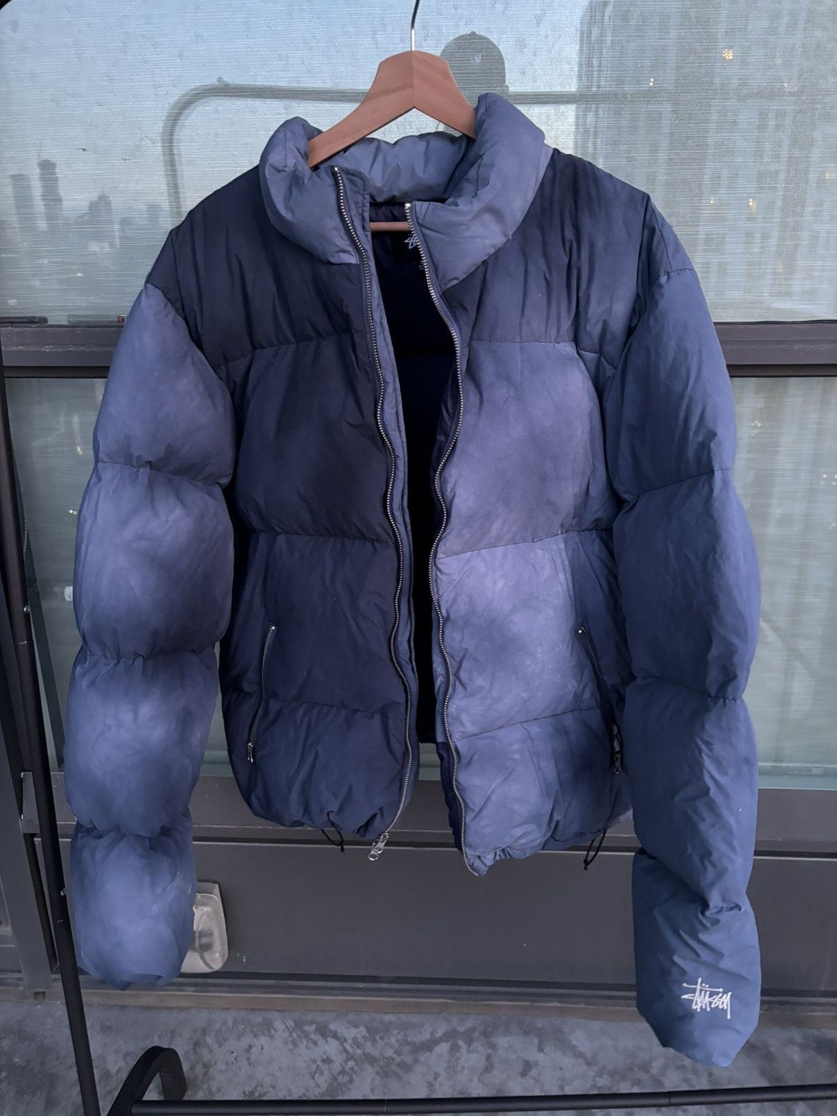 STUSSY RECYCLED NYLON DOWN PUFFER WASHED NAVY
