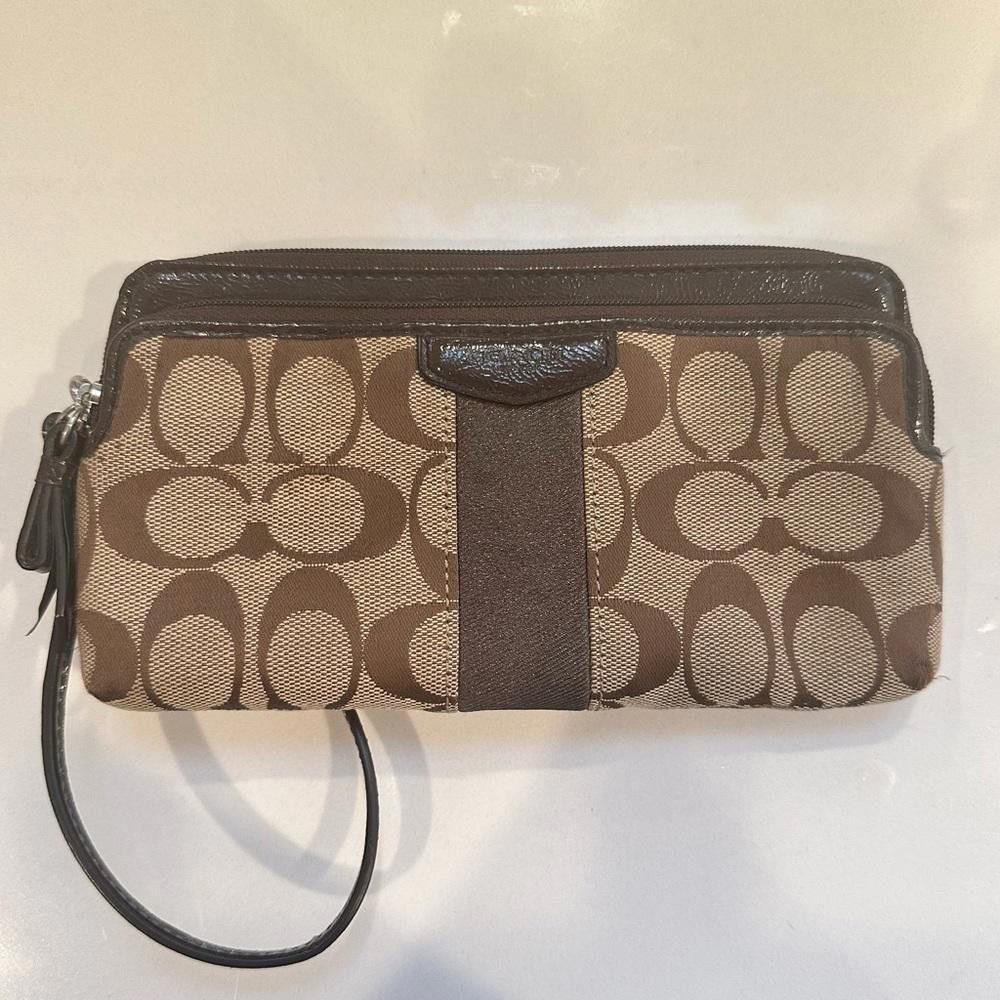 Coach Coach Signature Khaki Mahogany Canvas Double Zip Wristlet Size ONE SIZE - 1 Thumbnail