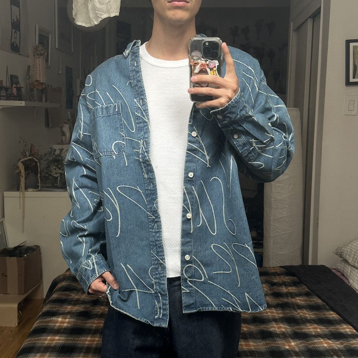 image of Fw23 Supreme Washed Indigo Handwriting Jacquard Denim Shirt in Blue, Men's (Size XL)