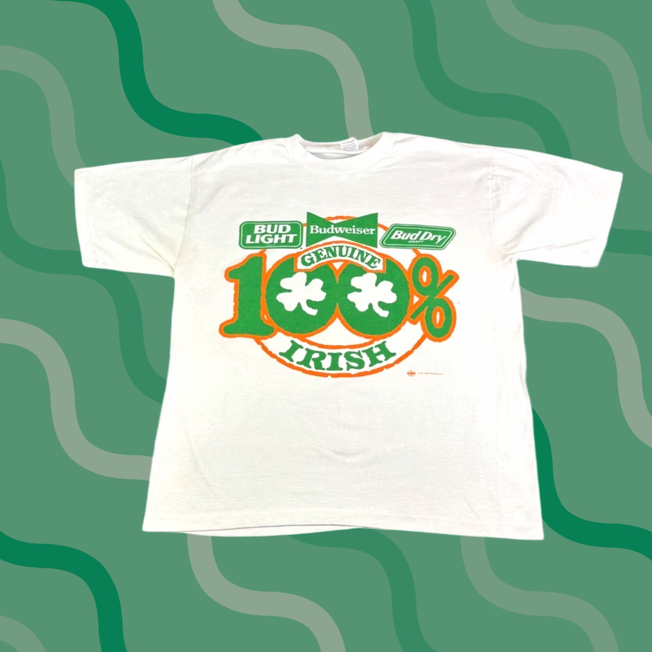 Budweiser VINTAGE Bud Light Irish T-Shirt XL White 1990s USA St Patricks Day Men Graphic Tee Short Sleeve Cotton Sportswear 1991 Budweiser Shirt XL Mens Size US XL / EU 56 / 4 - 1 Thumbnail