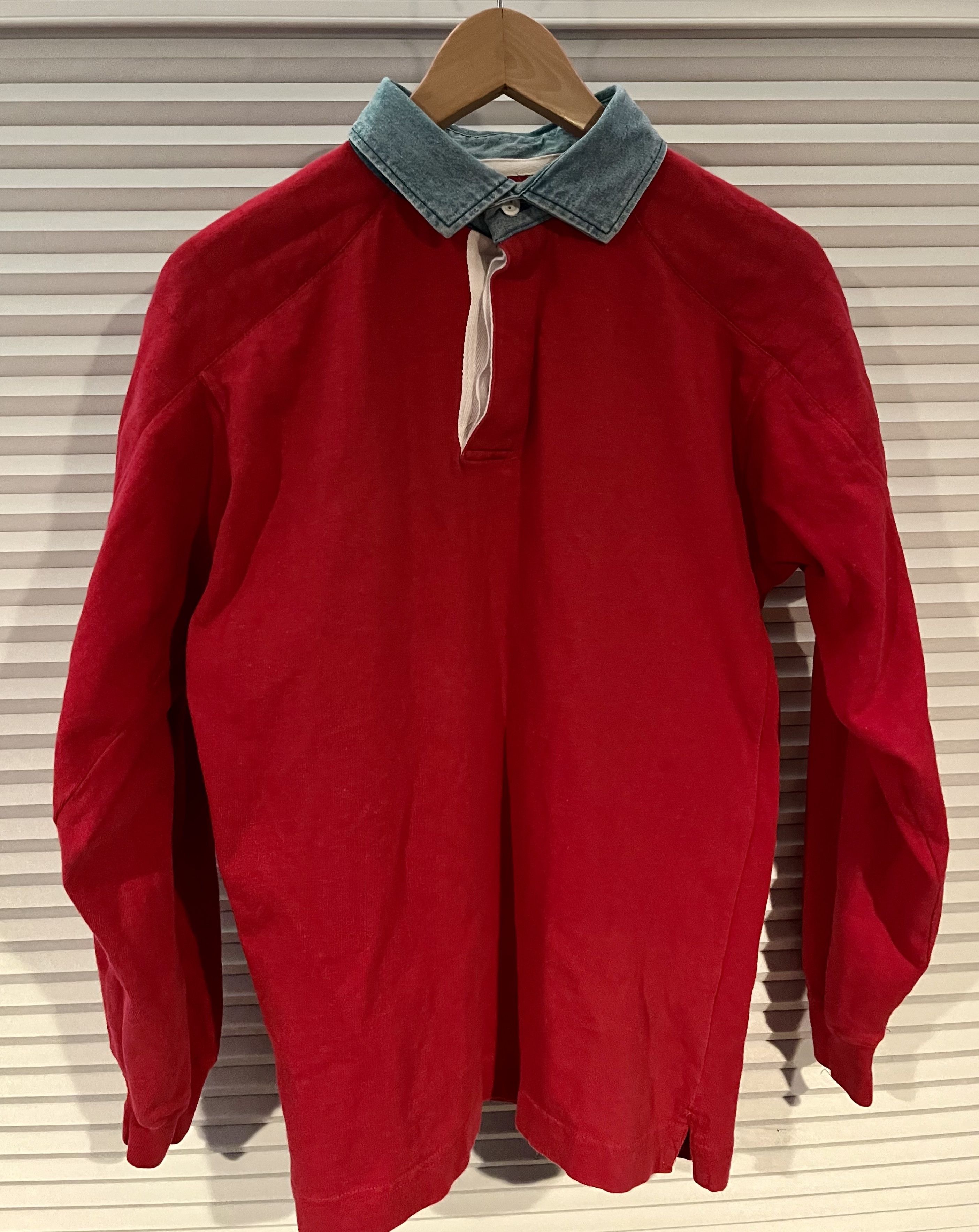 Steeplechase Vintage Red Rugby Shirt with Denim Collar - Size S Size US S / EU 44-46 / 1 - 1 Thumbnail