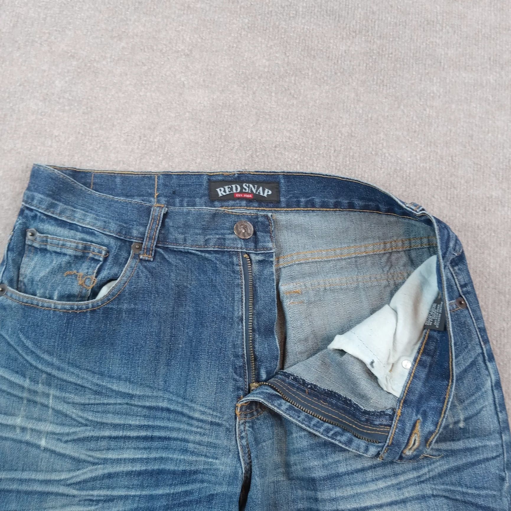Denime Red Snap Jeans Mens Size 34x31 Blue Denim Casual Pockets Straight Leg Size US 34 / EU 50 - 6 Thumbnail