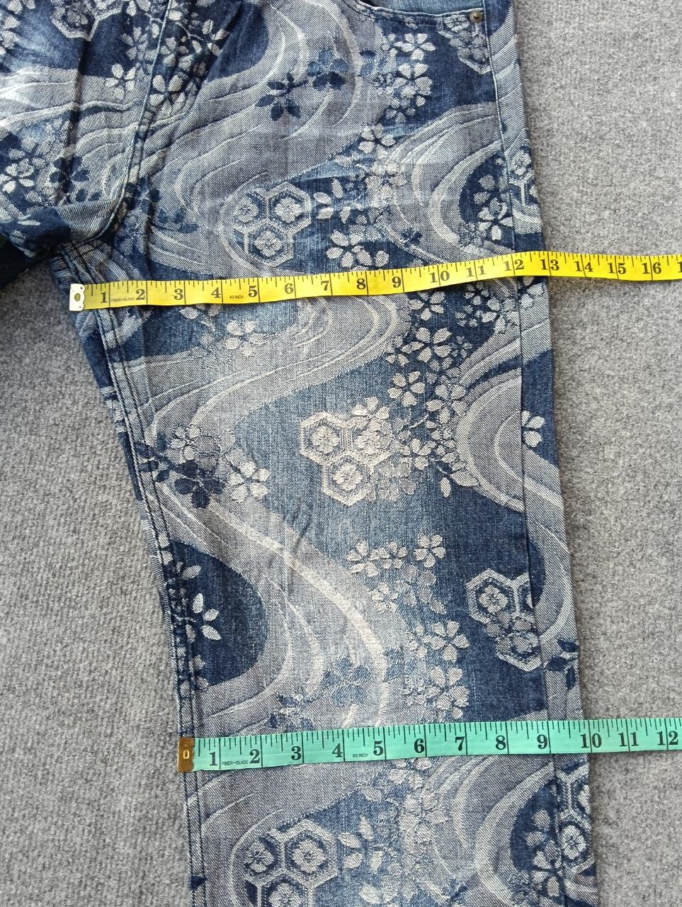 Karakuri Tamashii YASHI MU Japanese Jacquard Woven Kimono Print Denim Jeans Size US 35 - 7 Thumbnail