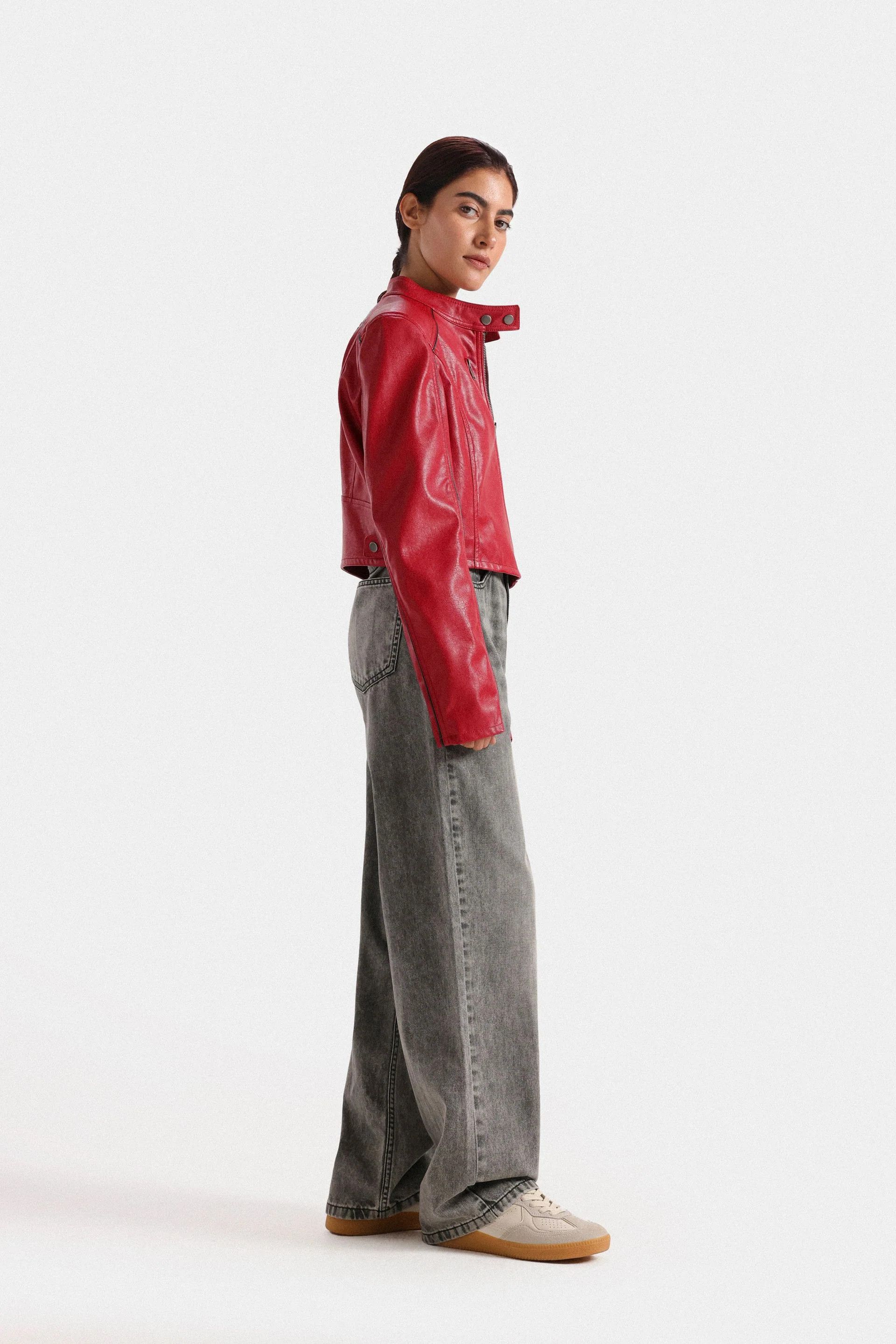 Other Red Faux Leather Jacket Women – Cropped Vegan Leather Jacket Size S / US 4 / IT 40 - 5 Thumbnail